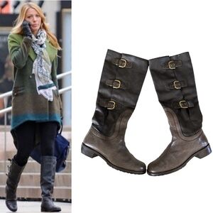 Stuart Weitzman Ludlow Tall Leather Boots Coated Canvas Buckles Size 7 Riding